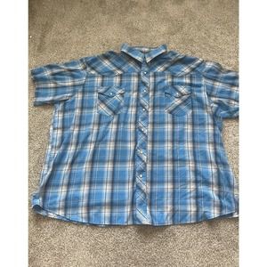 Wrangler Shirt Mens XXL Blue White Western Wear Peral Snap Plaid Short Sleeved